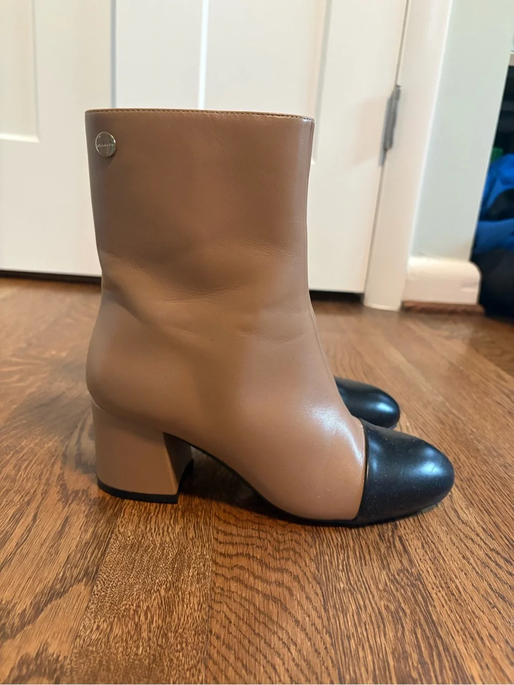 Taupe and Black Two-Tone Leather Ankle Boots